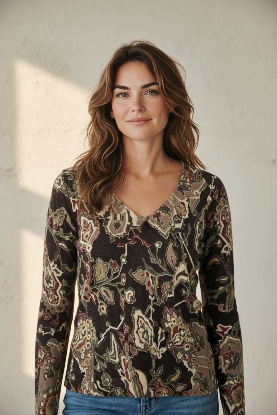 M Sweater Knit Top Neiman Markus 100% Cashmere V-neck Pullover Brown Floral Lux